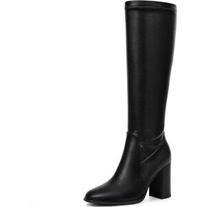 Women's Black Lumeheel Knee High Round Chunky Heel Side Zip Tall Boots